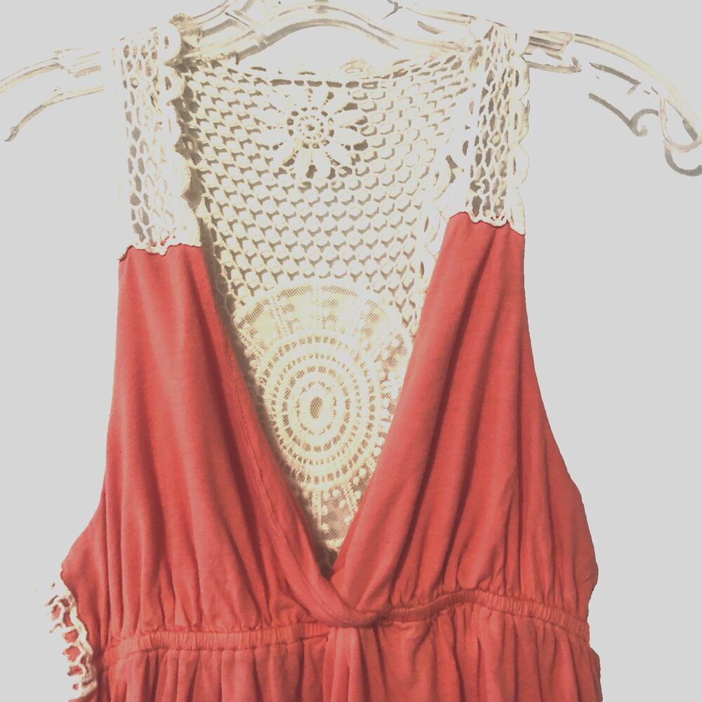 Forever 21 Lace Top Blouse Med Coral Cream V Neck Sleeveless Cottagecore Romance - Picture 5 of 6